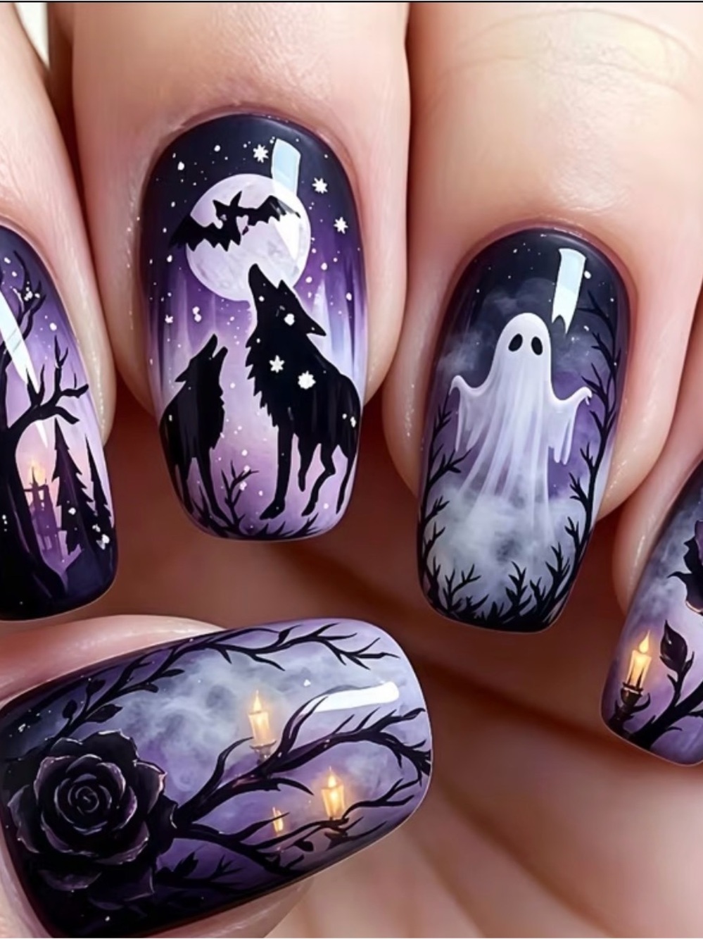 Halloween Purple Ghost & Wolf Nail Art Decals